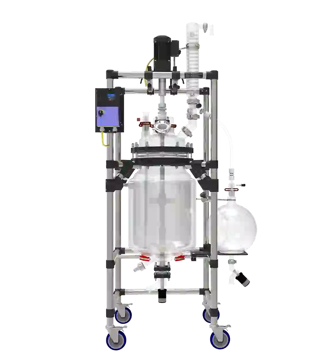 A detailed glass reactor system with glass and stainless steel components for specialized industrial and pharmaceutical use