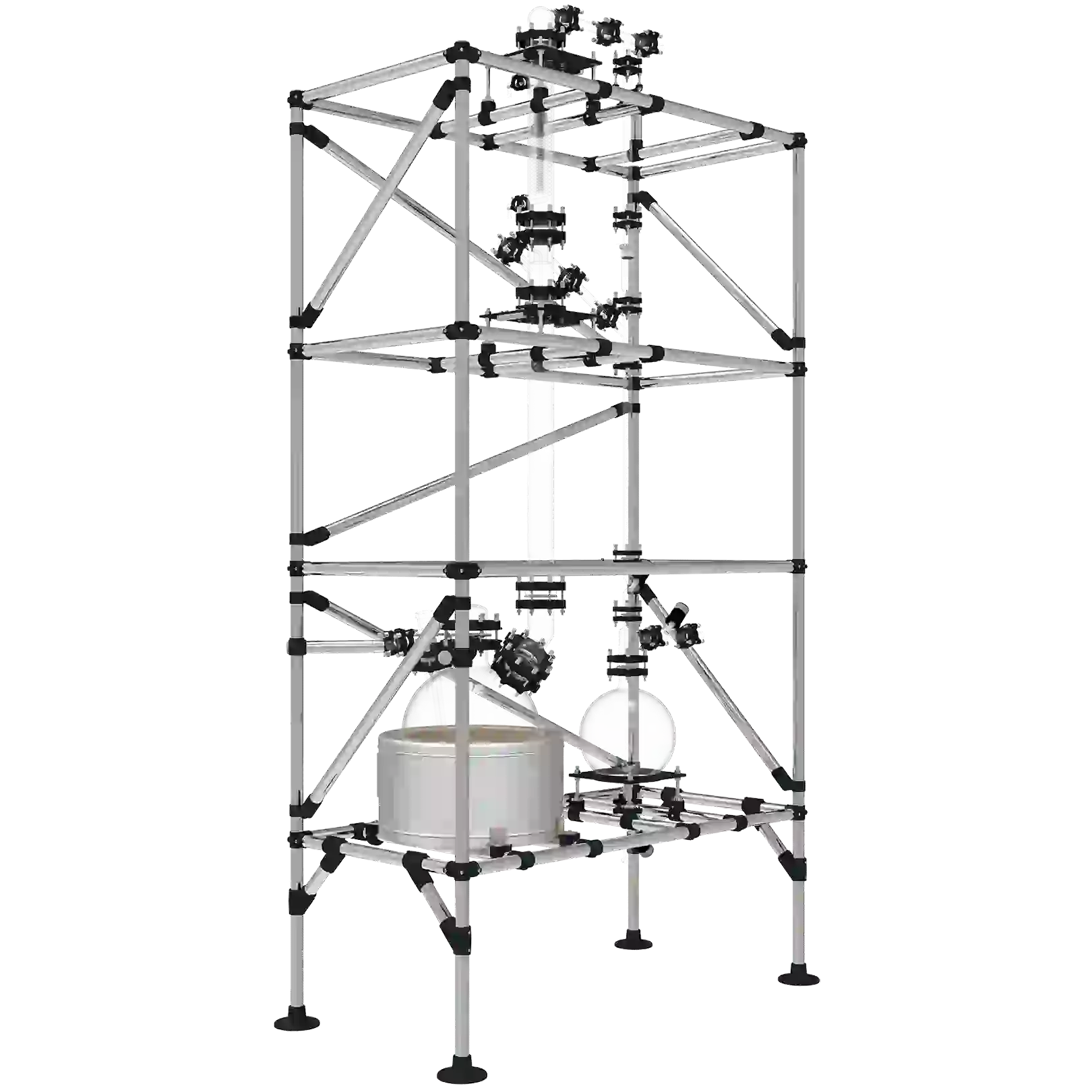 A high-resolution image of a modern vacuum distillation system with intricate piping and structural supports